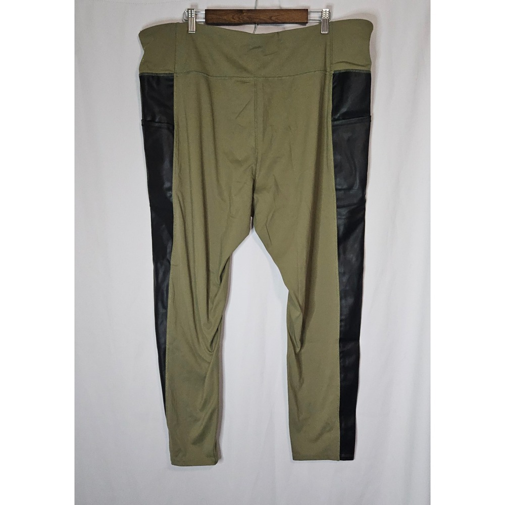Leila‎ Ali Leggings Womens 3X Olive Green Faux Leather Trim Pockets Moto Yoga